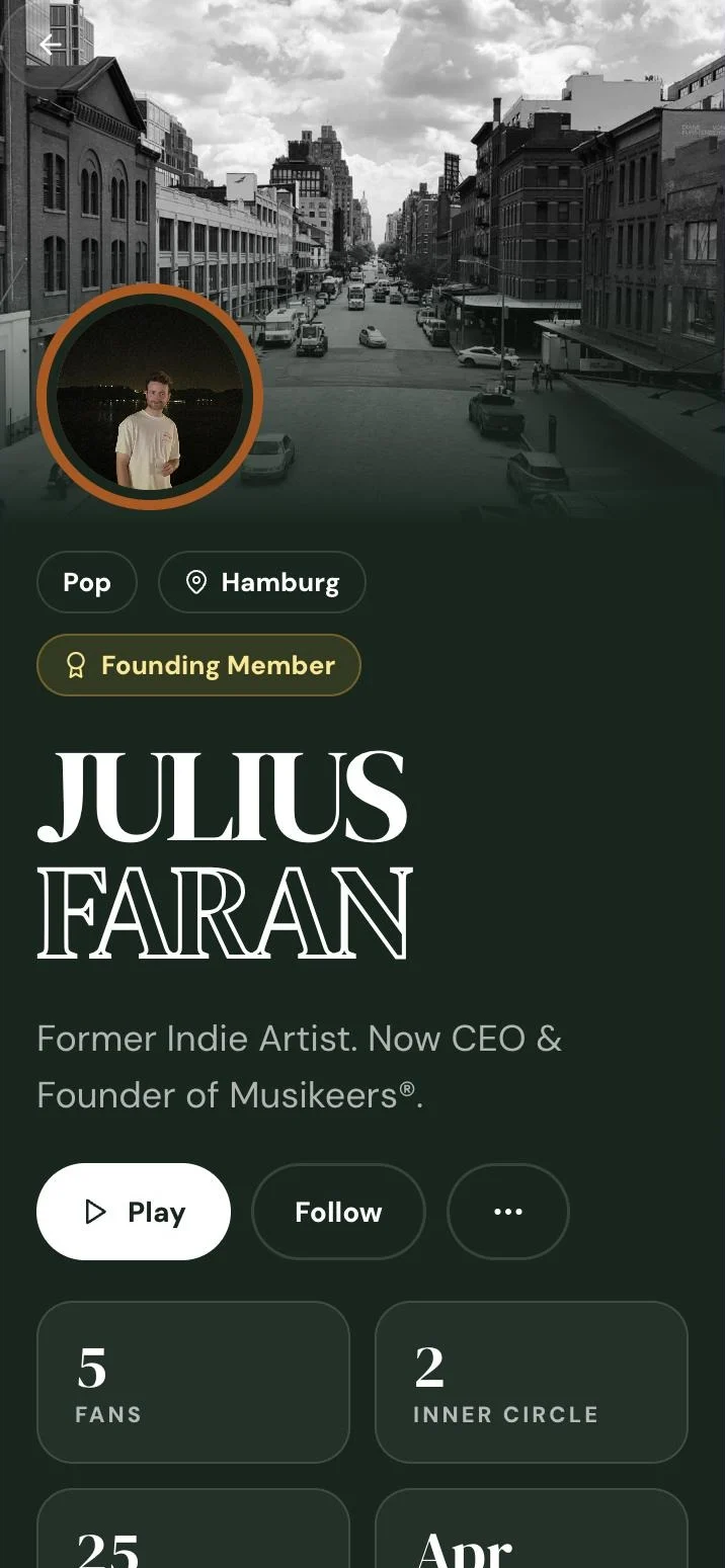 Artist profile in dark green with DM Serif Display headlines