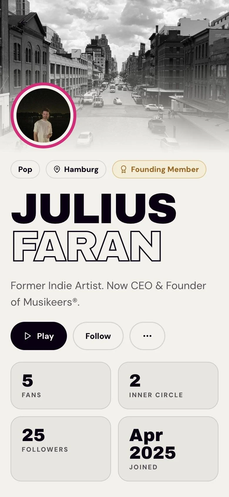Artist profile in cream with Archivo Black headlines and pink accent