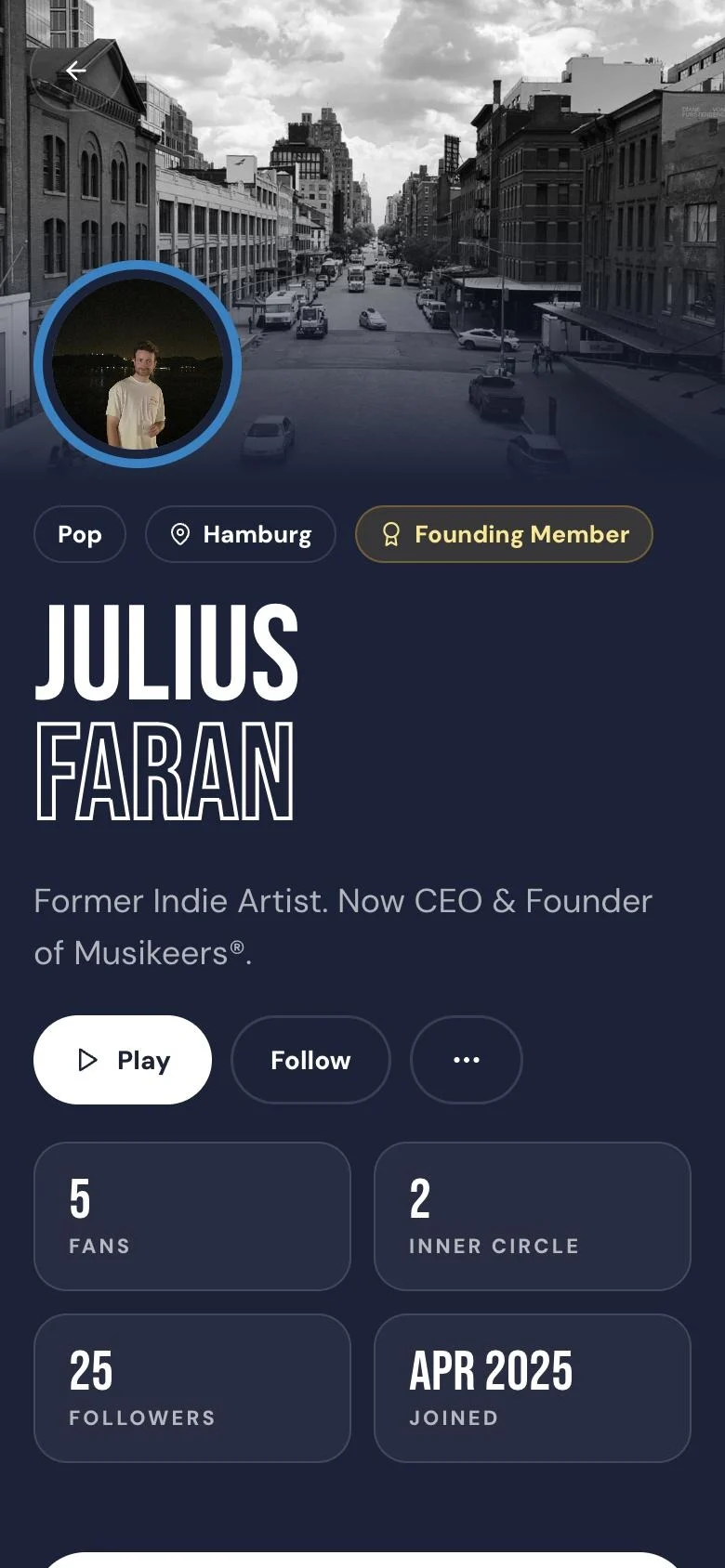 Artist profile in navy with Bebas Neue headlines